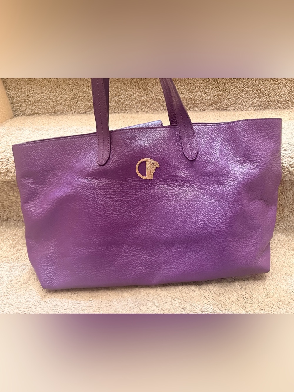 Versace Purple Leather Tote with Silver Medusa Emblem